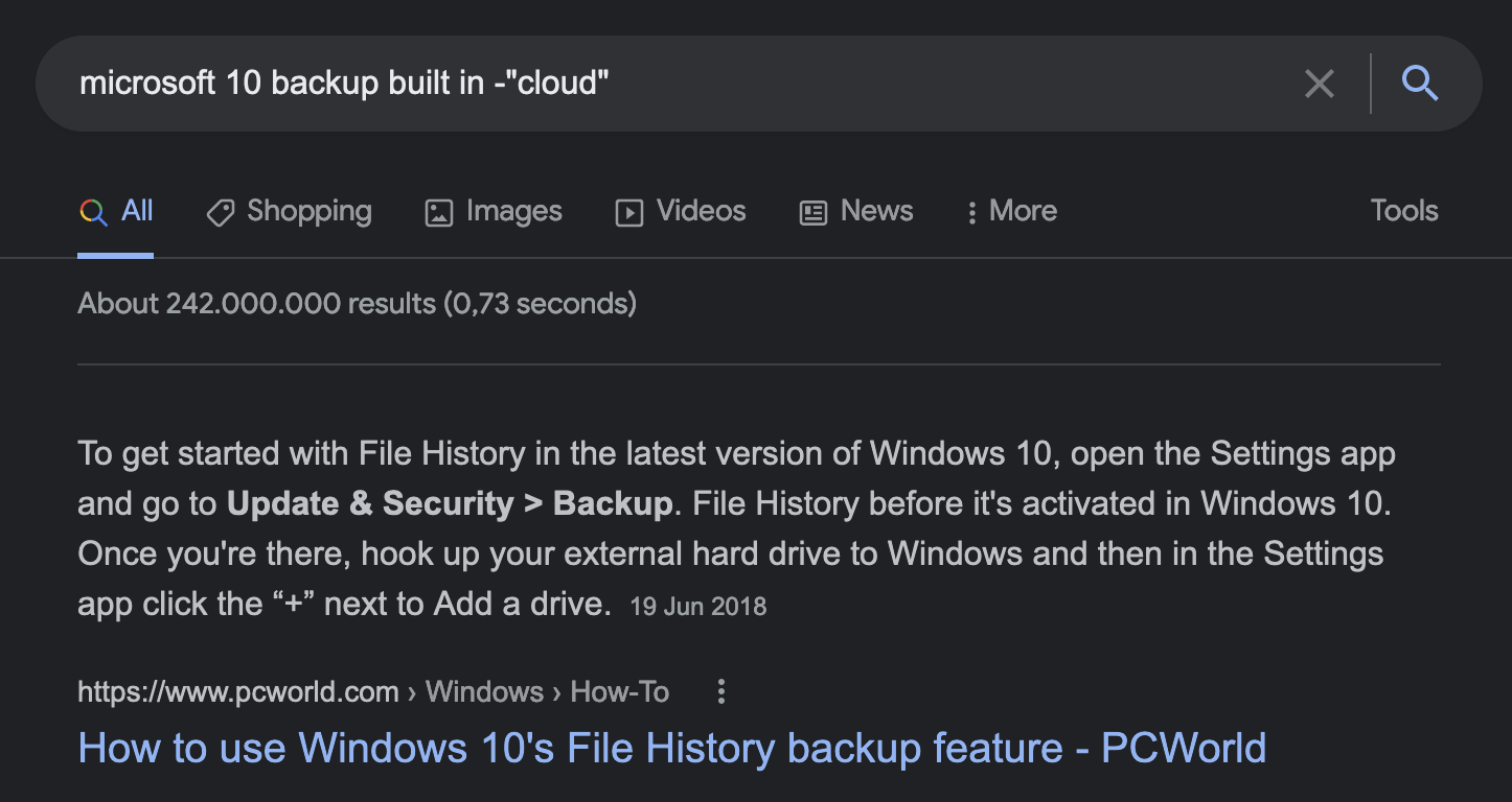 Built in local backup solution Windows
10