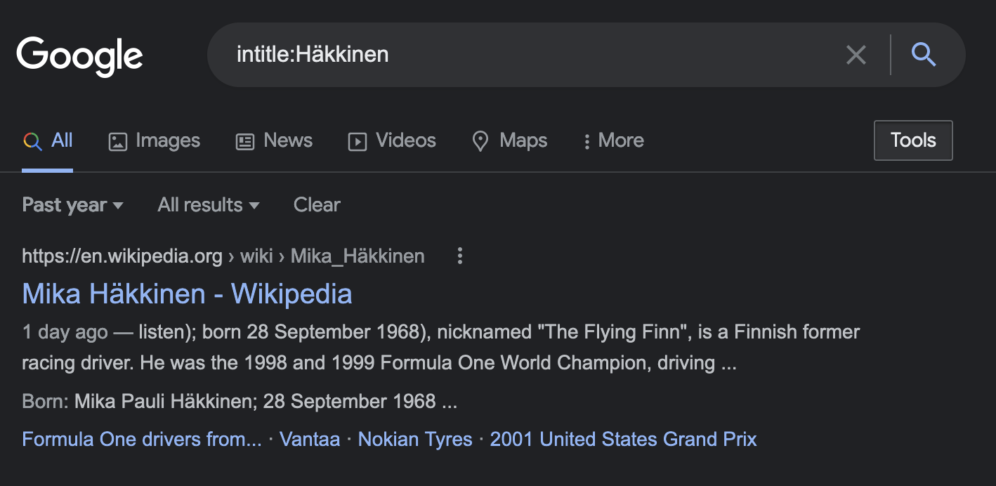 haekkinen wikipedia article first
result